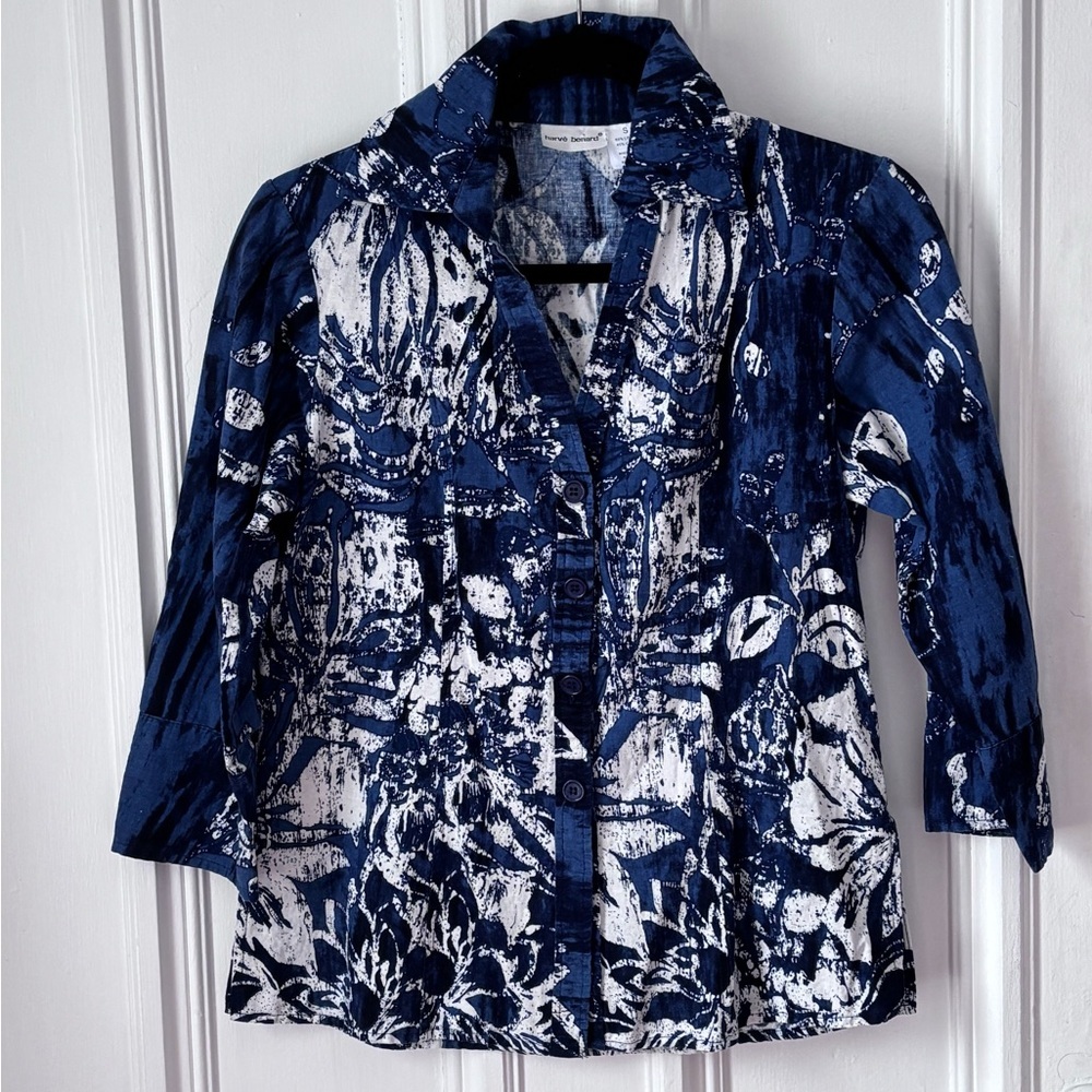 Harve Bénard Linen Blend Button V Neck 3/4 Sleeve Batik Pattern Blouse Small